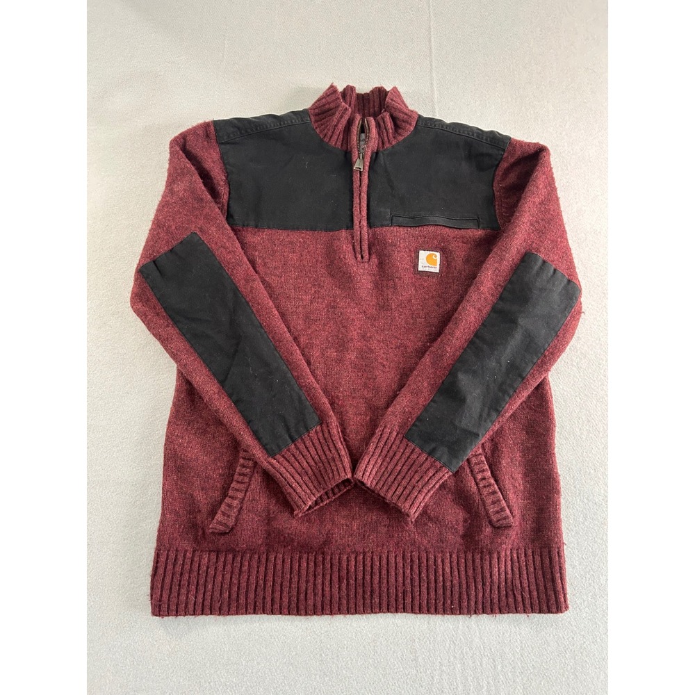 Carhartt Quarter Zip Sweater Mens Medium Burgundy Wool Blend Canvas Overlays